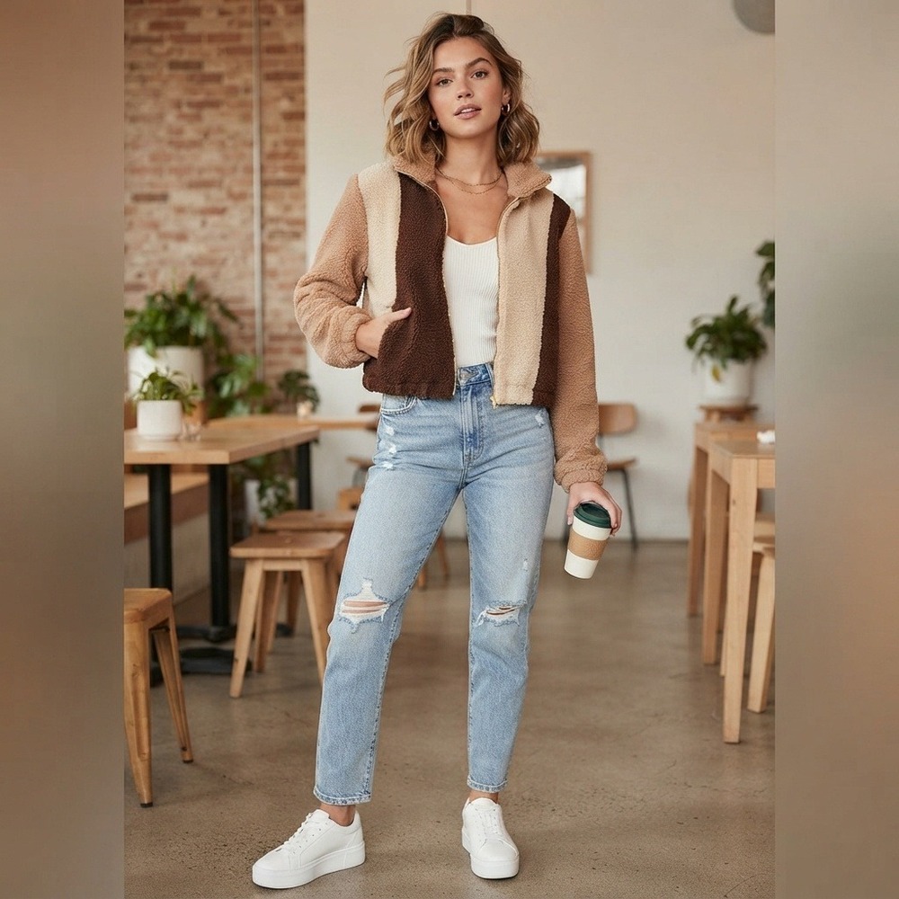 Cider Colorblock Sherpa Teddy Zip Jacket Cropped Brown Beige Tan Small